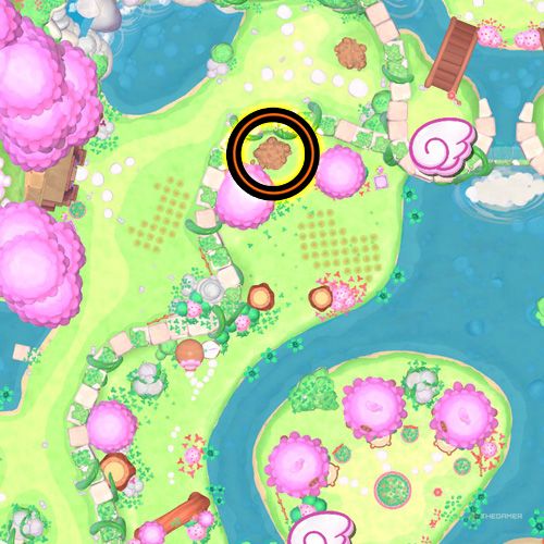 An orange circle shows the location of the second giant seed soil in Hello Kitty Island Adventure