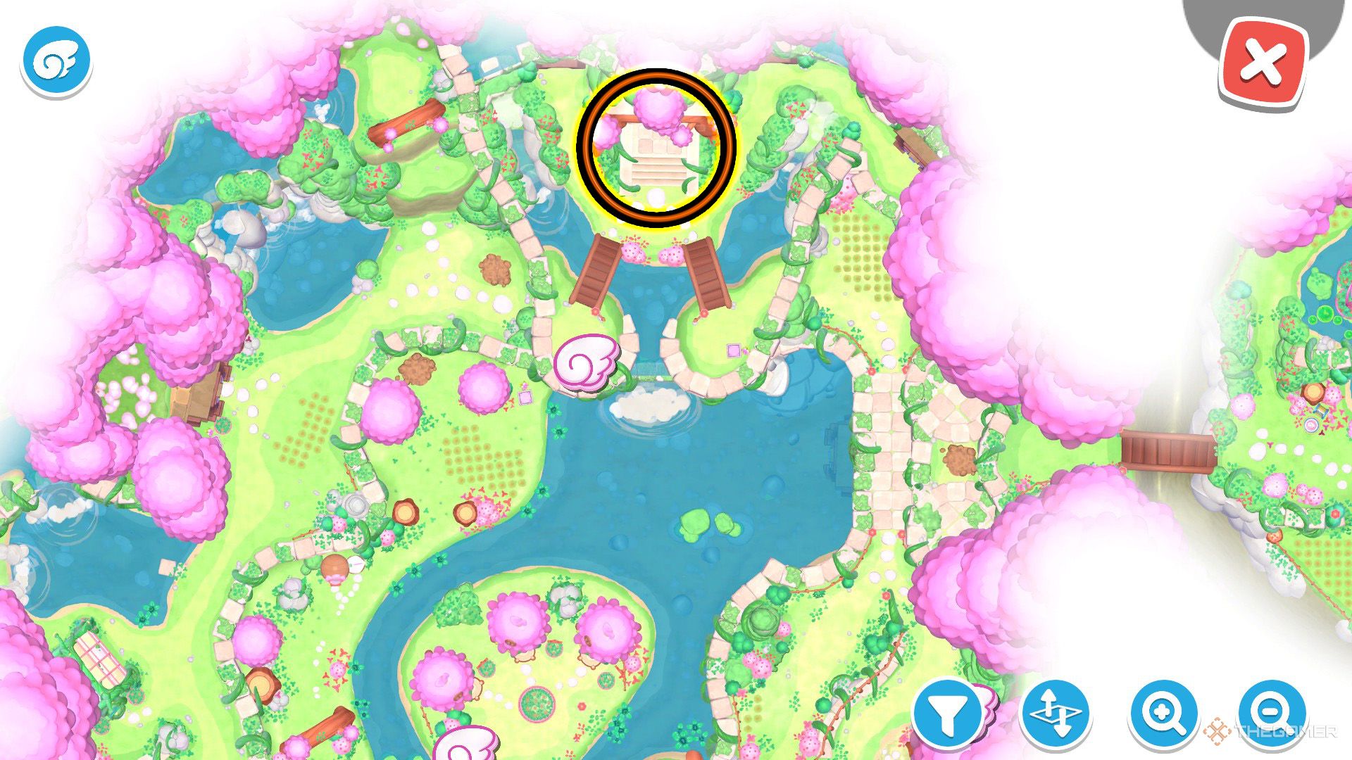 An orange circle shows the location of the Temple Ruins in Hello Kitty Island Adventure