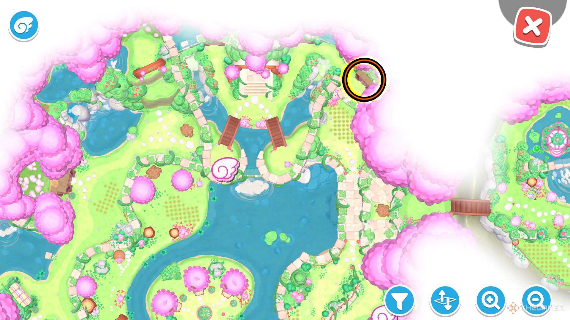 An orange circle shows the location of the Zealous Zap-Up in Hello Kitty Island Adventure