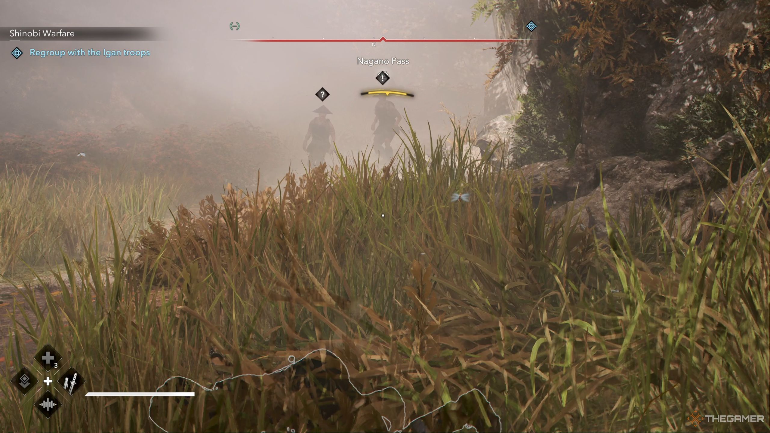 Assassin's Creed Shadows enemies almost detecting Naoe in Shinobi Warfare.