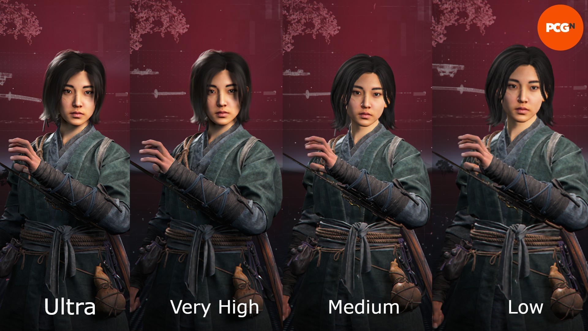 Four images from left to right of Naoe in the Ultra, Very High, Medium, and Low graphics settings in Assassin's Creed Shadows 