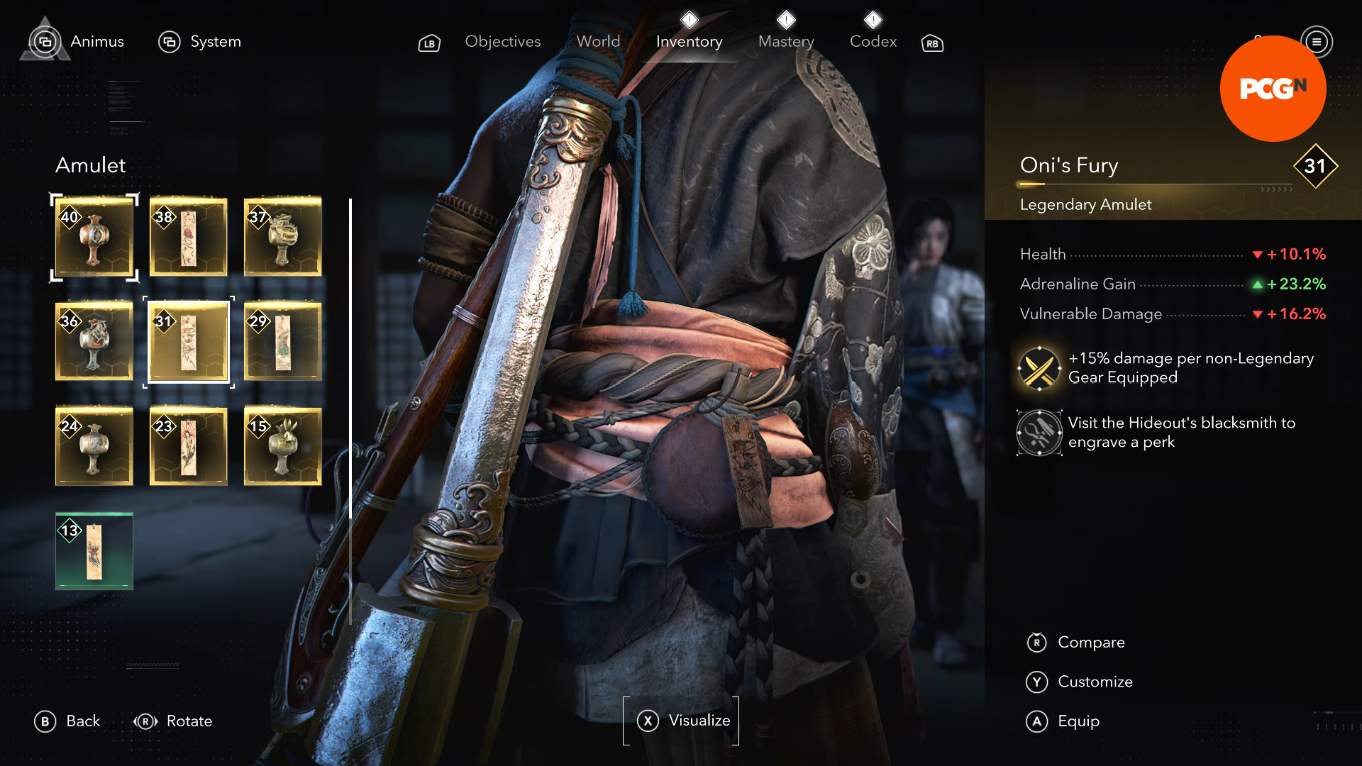 Best Assassin's Creed Shadows Amulets Trinkets: Yasuke wearing a rectangular wood carving