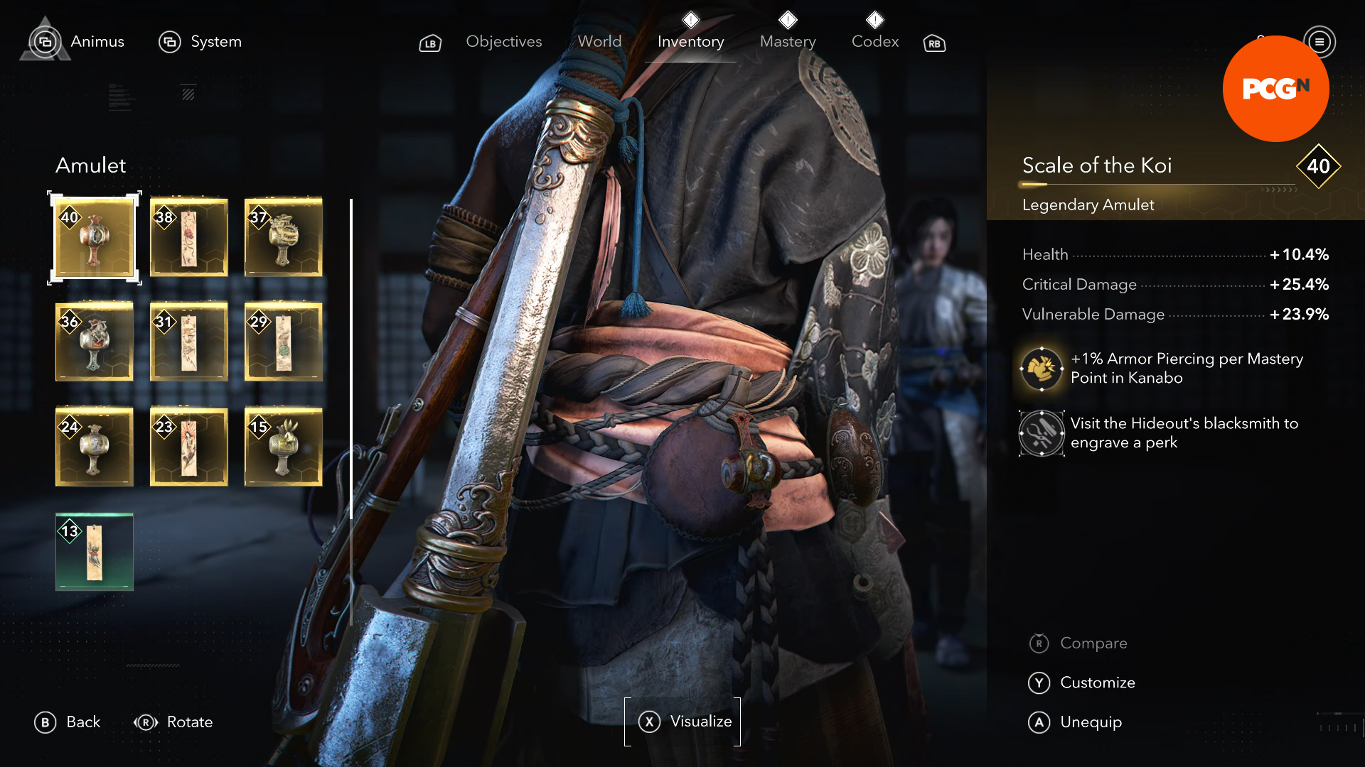Best Assassin's Creed Shadows Amulets Trinkets: Yasuke wearing a red, detailed Amulet