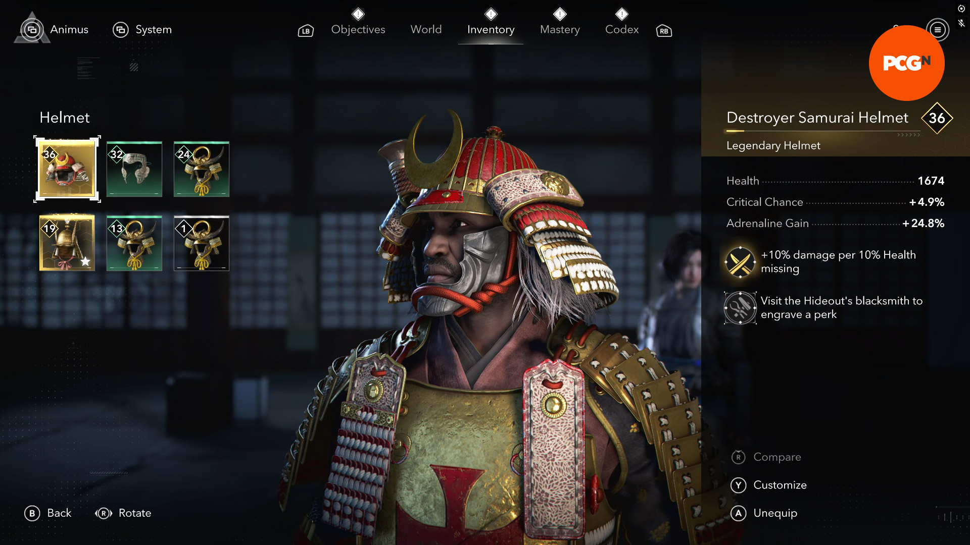 Assassin's Creed Shadows armor best: Yasuke wearing a red and gold helmet