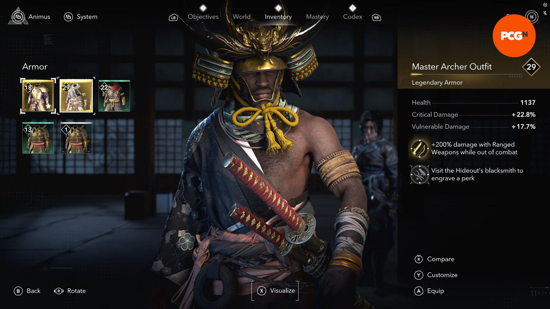 Assassin's Creed Shadows armor best: Yasuke wearing a half-tunic that showcases his musculature 
