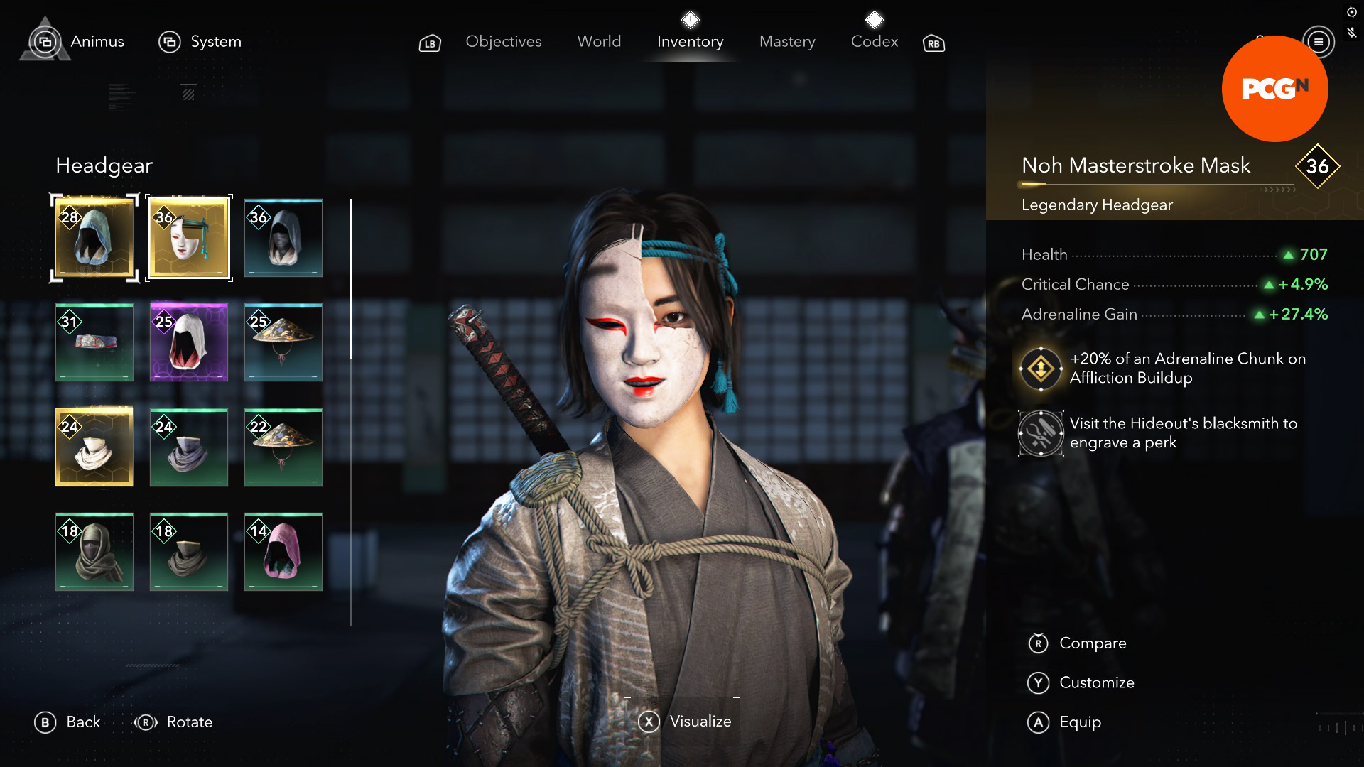Assassin's Creed Shadows armor best: Naoe wearing a white, painted half-mask