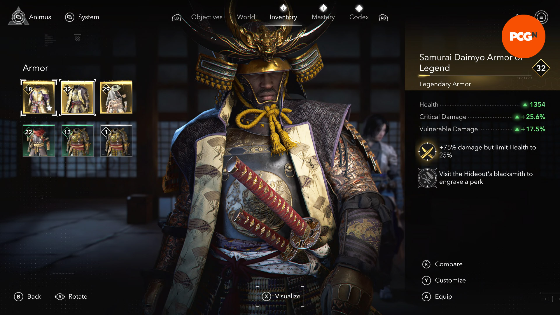 Assassin's Creed Shadows armor best:Yasuke wearing a gold and purple outfit
