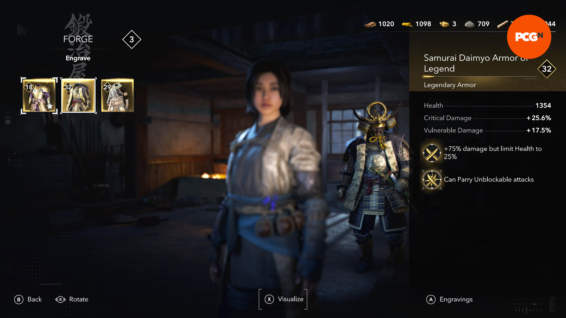 Assassin's Creed Shadows gear upgrade: a piece of Legendary armor with a second engraving