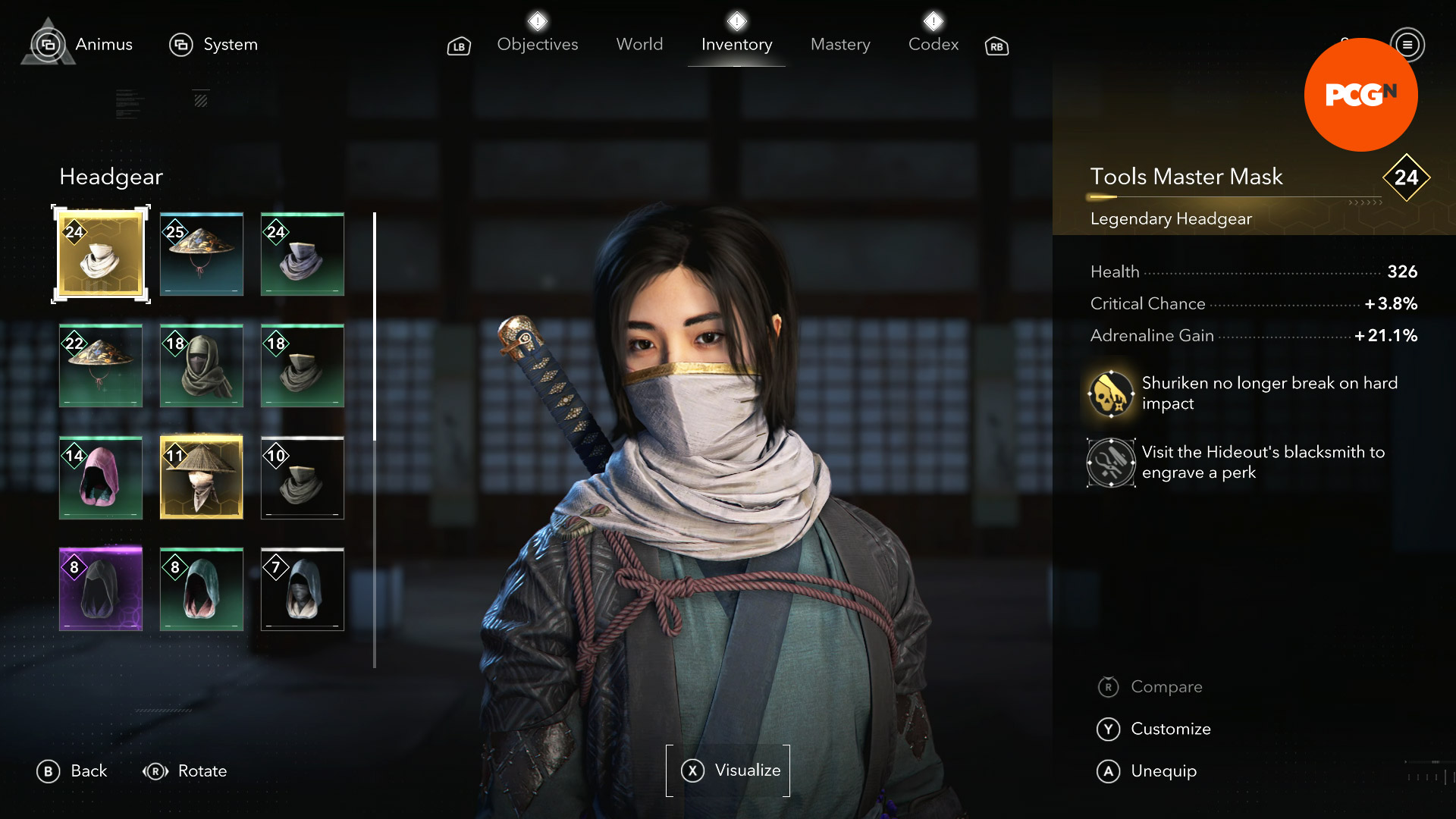 Assassin's Creed Shadows Legendary gear locations: Naoe wearing a white face mask