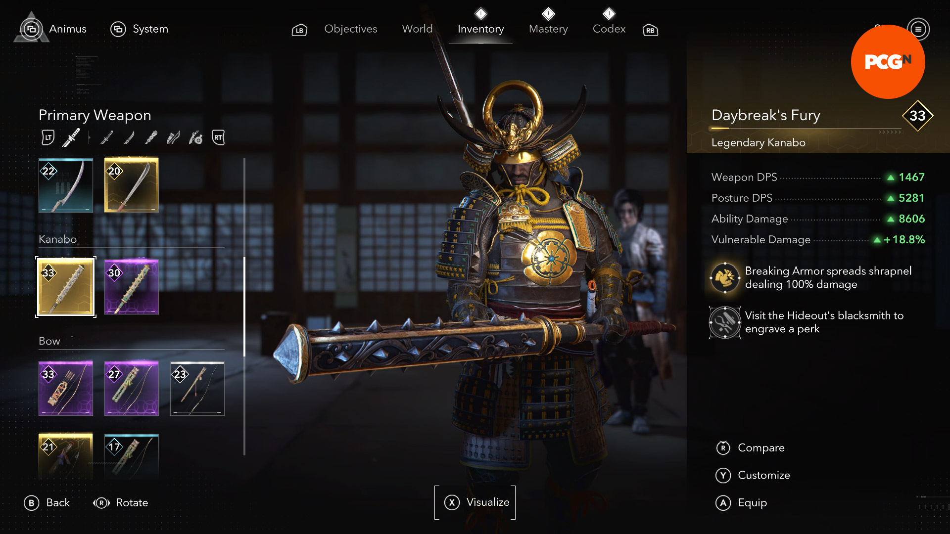 Assassin's Creed Shadows Legendary gear locations: Yasuke wielding a hefty, studded Kanabo