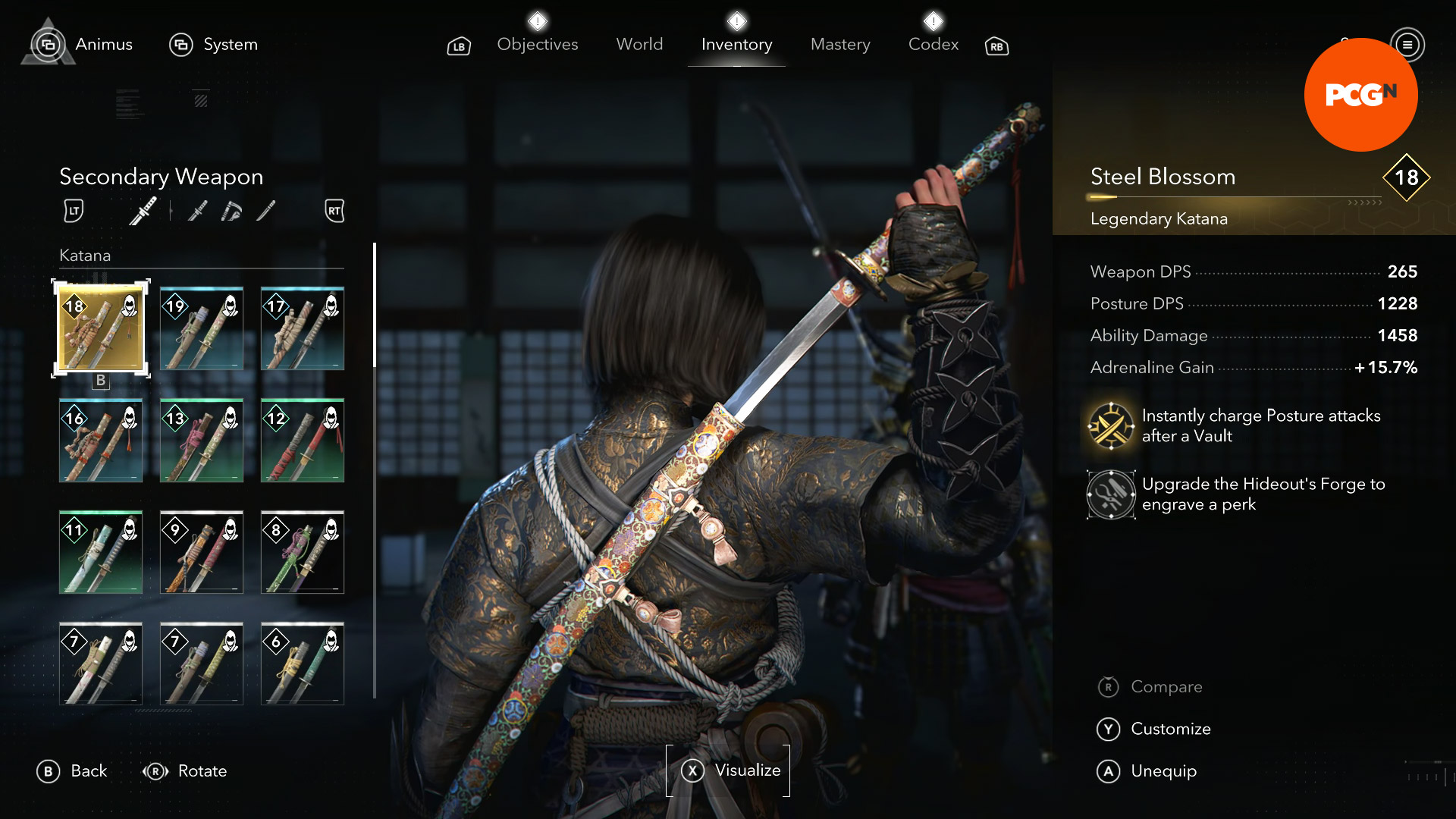 Assassin's Creed Shadows Legendary gear locations: Naoe unsheathing a katana from her back
