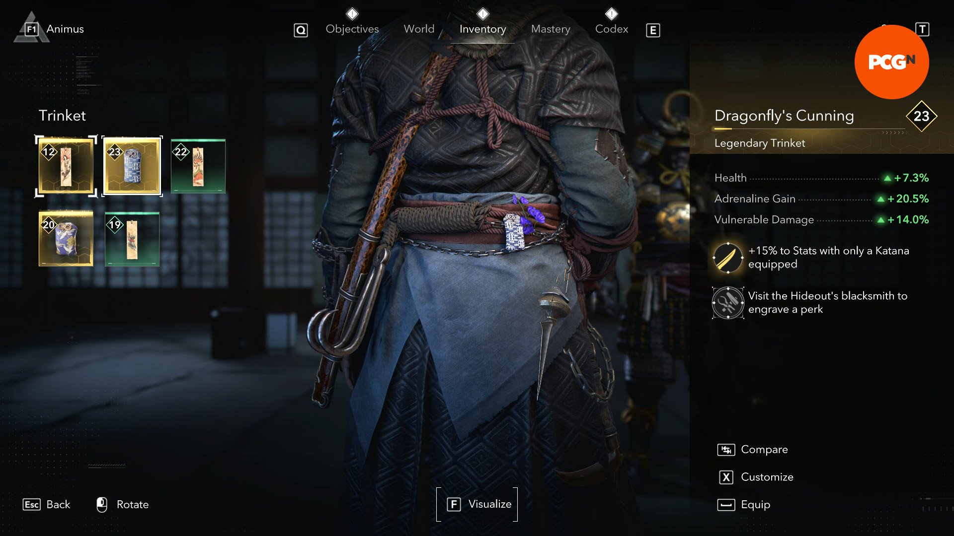 Assassin's Creed Shadows Legendary gear locations: a small trinket hangs from the back of Naoe's belt