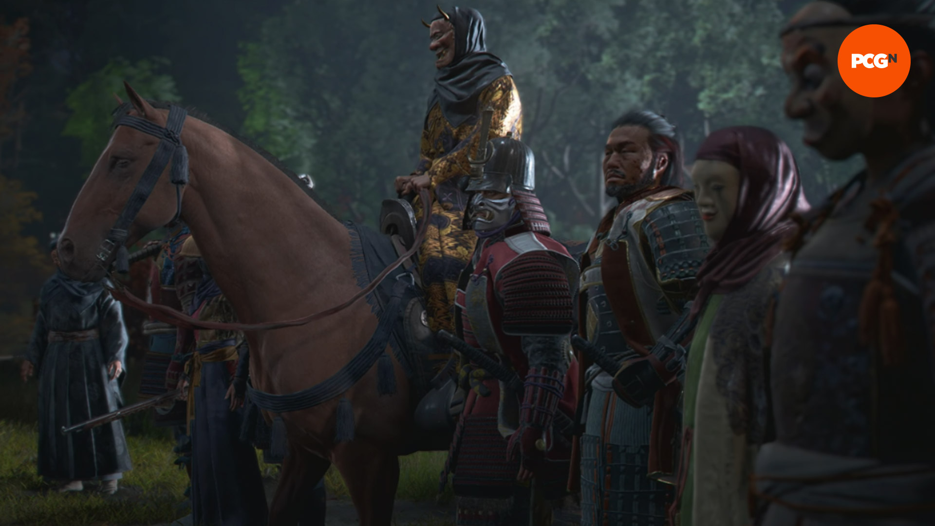 Assassin's Creed Shadows quests: a group of masked people, one riding a horse