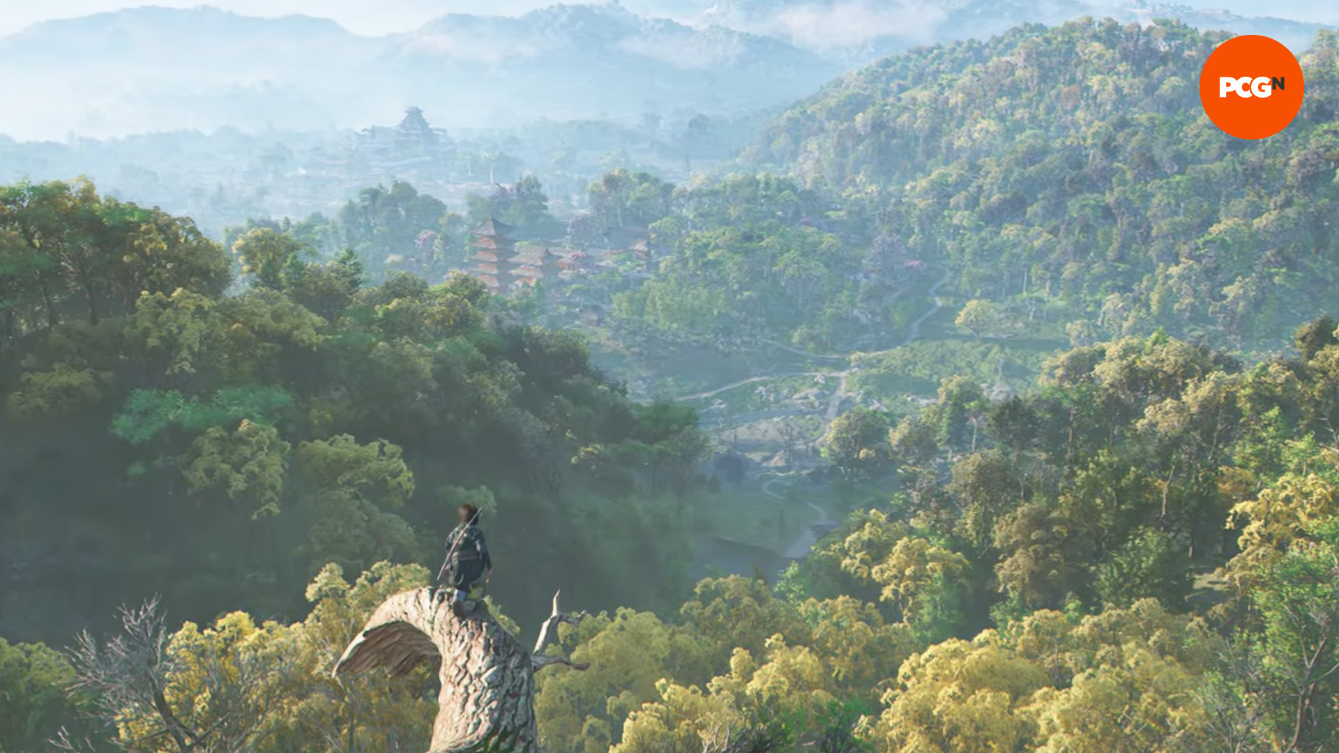 Assassin's Creed Shadows quests: a young shinobi surveying a gorgeous, green land