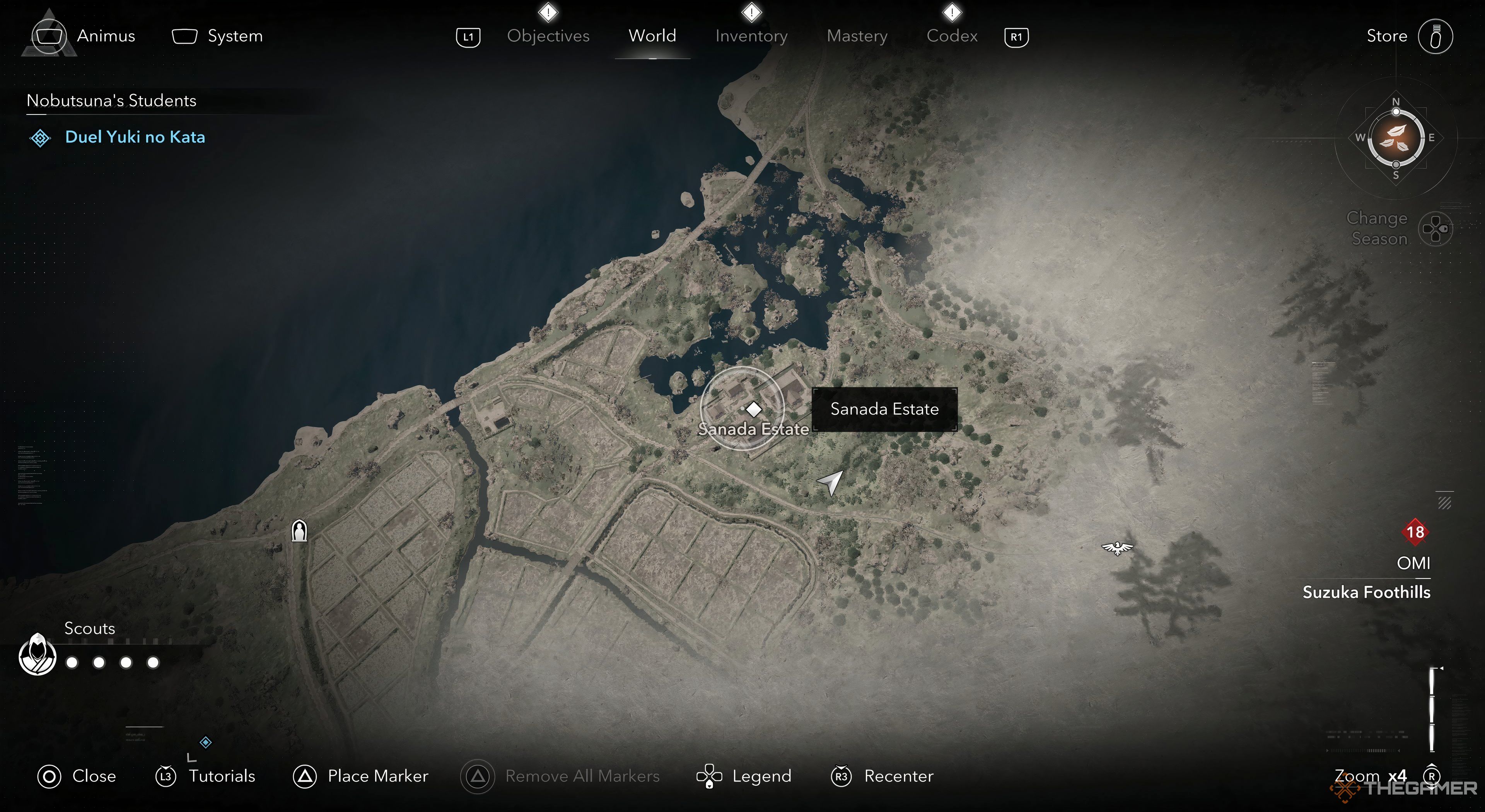 Assassins Creed Shadows Sanada Estate selected on the map. There is swamp on top of it. The player's arrow is under the estate.