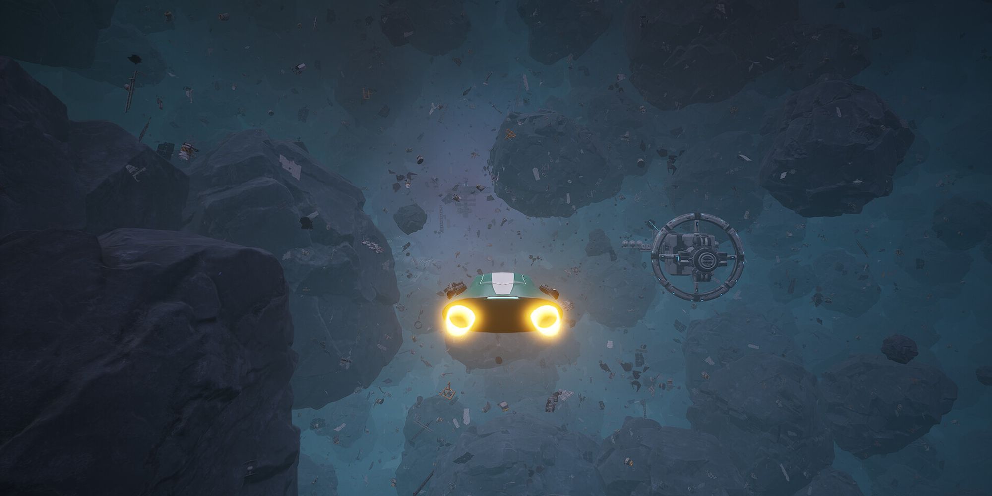 A ship flies among the asteroids in Astometica.