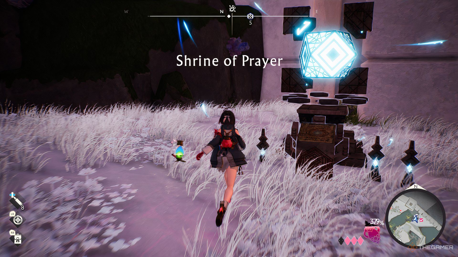 Yumia walking next to a Shrine of Prayer in Lacuna in Atelier Yumia: The Alchemist Of Memories & The Envisioned Land.