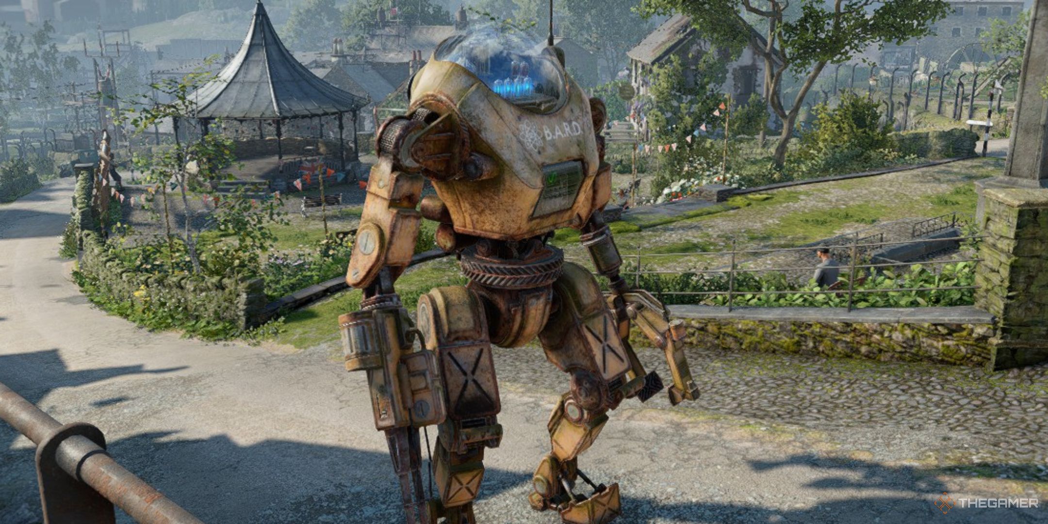 a bard robot patrols wyndham village in atomfall.
