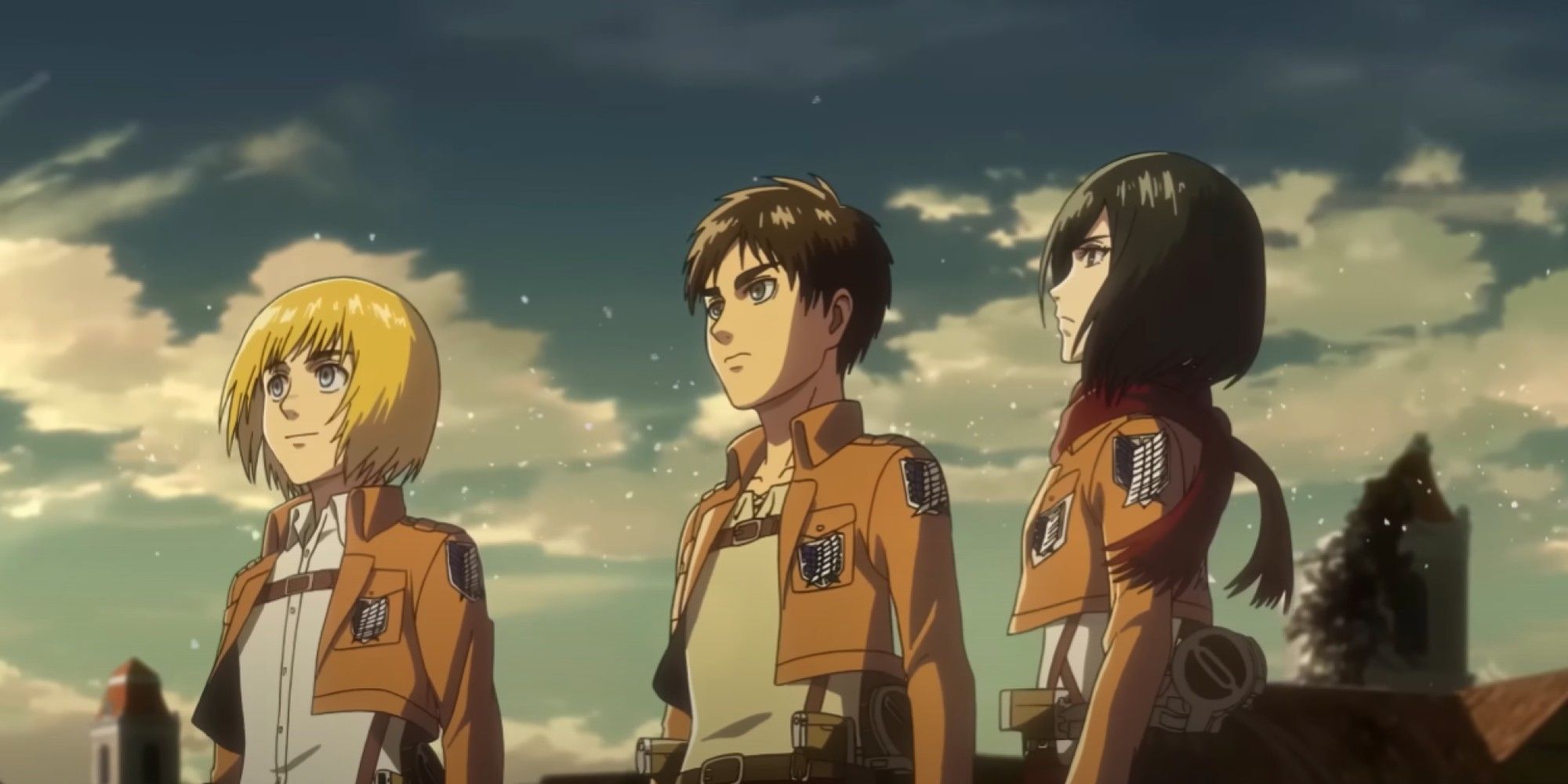 Attack on Titan image showing Armin, Eren and Mikasa looking ahead.