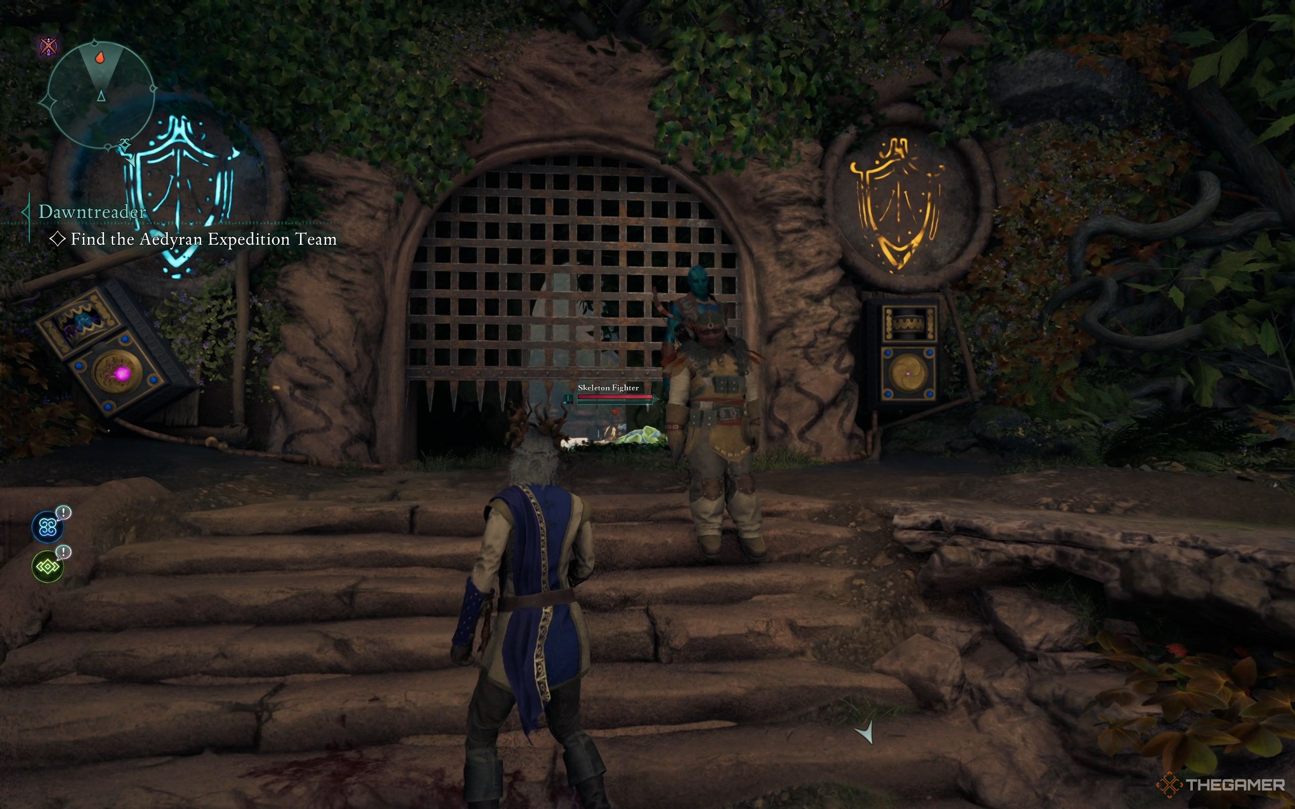 The Envoys is looking at a half-open gate with a blue shield symbol on the left, and a orange shield symbol on the right.