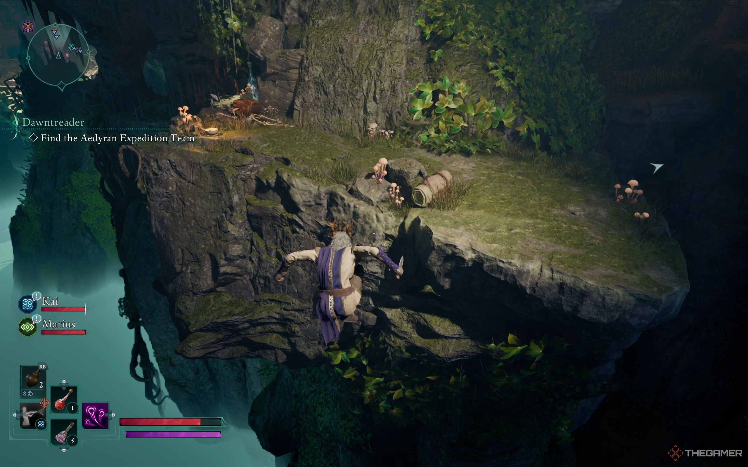The Envoy jumps toward a platform where a skeleton and its backpack lie.