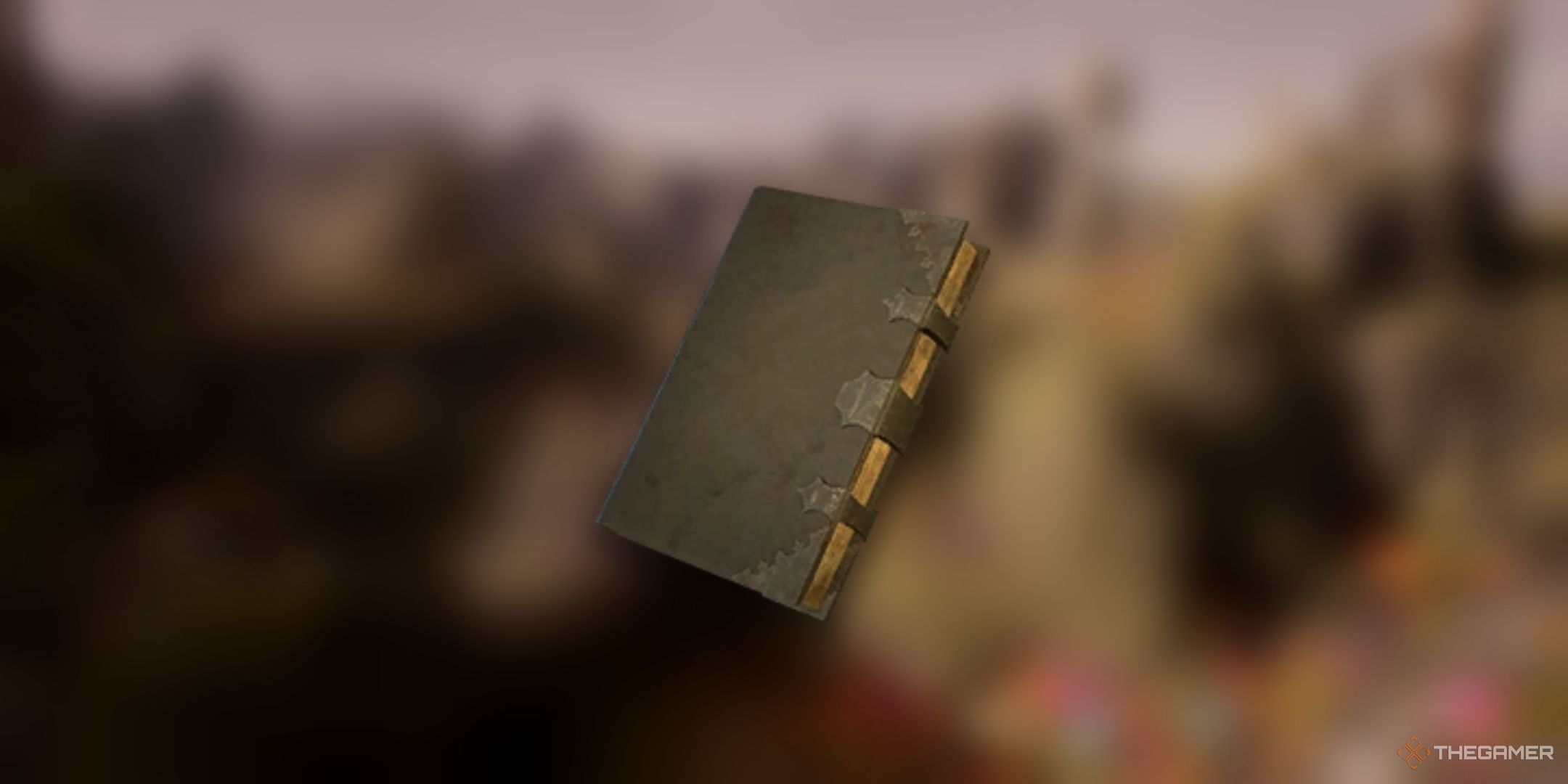 Avowed, Superb Grimoire of Distant Death item image over a blurred background of the Emerald Stair.