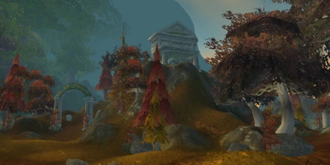 Azshara, an autumnal land with ancient temples, is shown.