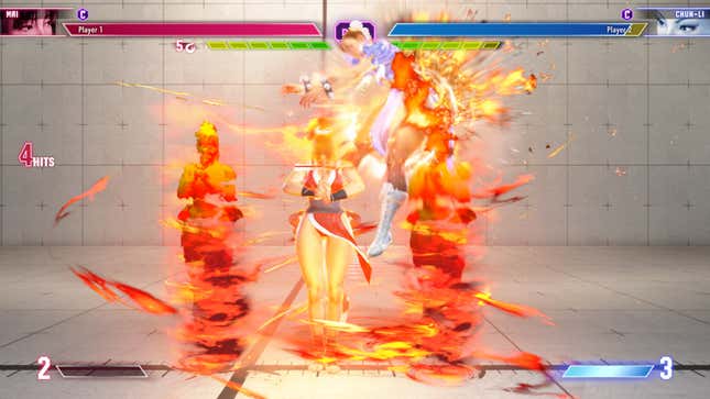 Mai hits Chun-Li with her flame stock enhanced Kagerou no Mai super.