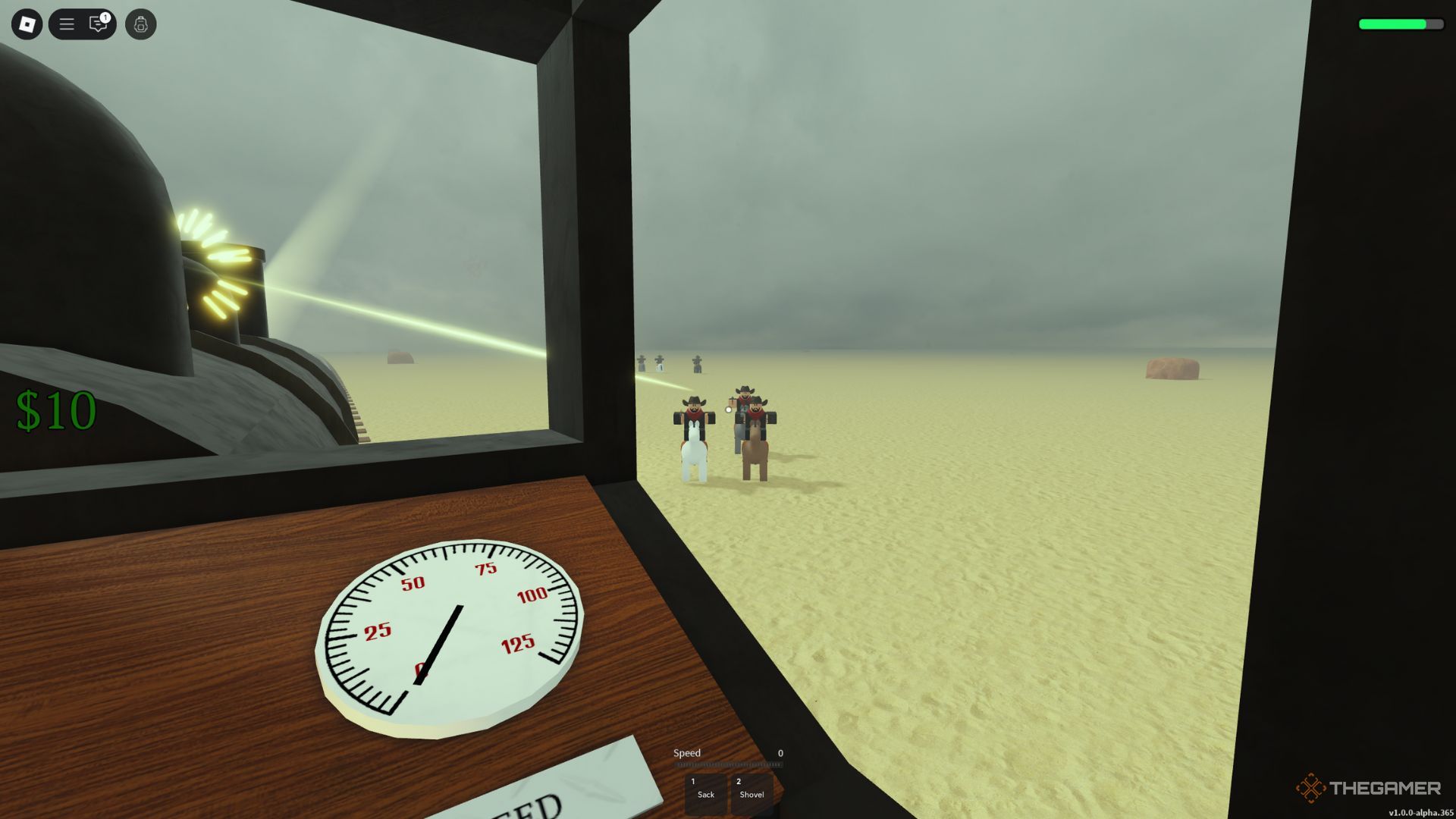 The player character shows bandits on horses while being in the train in the desert in Dead Rails.
