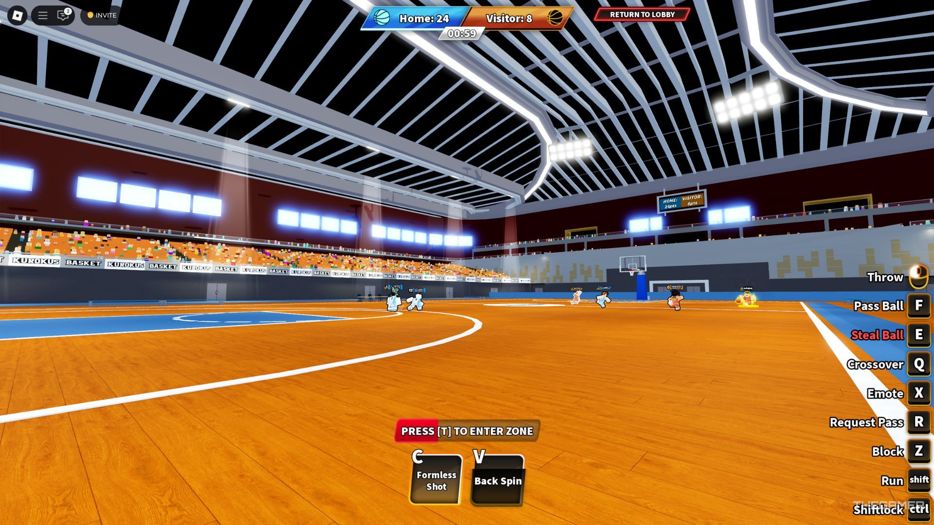 The player character shows a basketball court where multiple Roblox players play in Basketball Showdown.