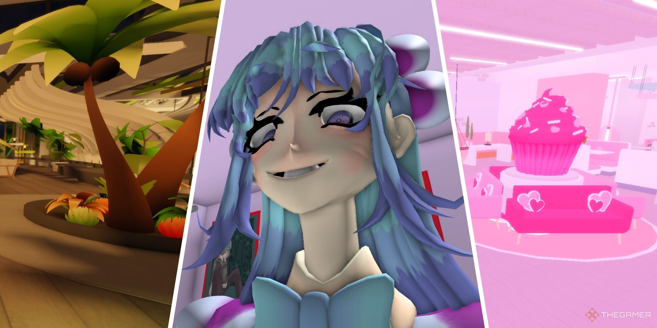 Split image of a tropical themed cafe with palm trees, a valentine's day esque cafe with hearts and pink muffins, and a creepy looking server with blue-purple hair.