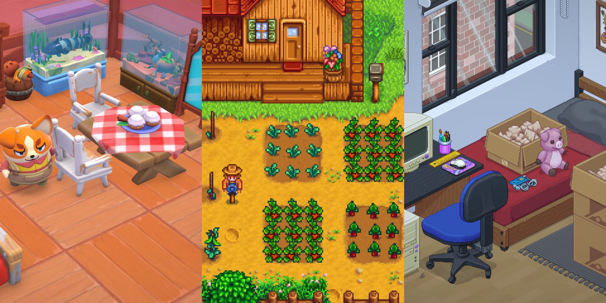 A split image of Hello Kitty Island Adventure, Stardew Valley, and Unpacking.