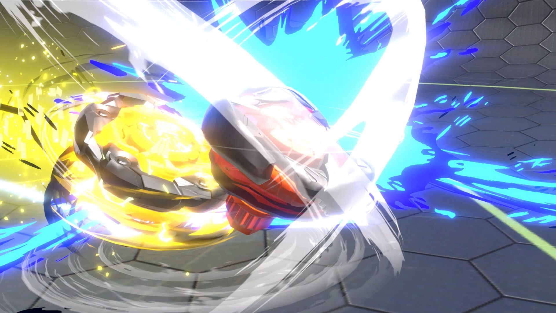 Two beyblades fighting in Beyblade X Xone.