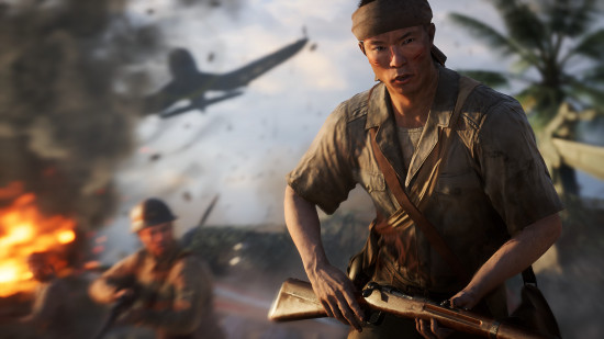 best plane games: a ww2 soldier running toward the camera with a plane flying just behind.