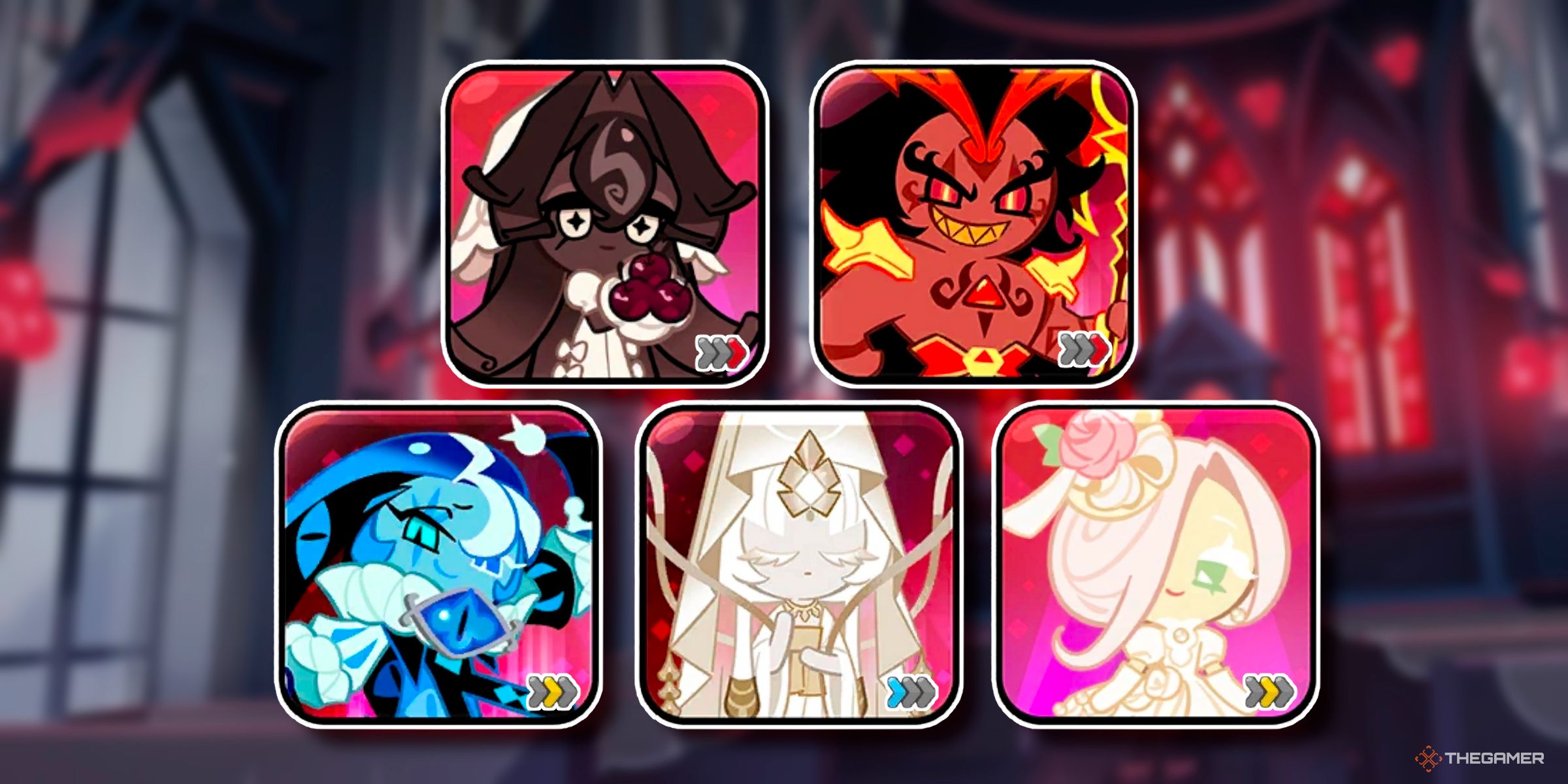 Black Forest Cookie, Burning Spice Cookie, Shadow Milk Cookie, Mystic Flour Cookie, And Wedding Cake Cookie On Black Forest Cookie's Gacha Background From Cookie Run: Kingdom.