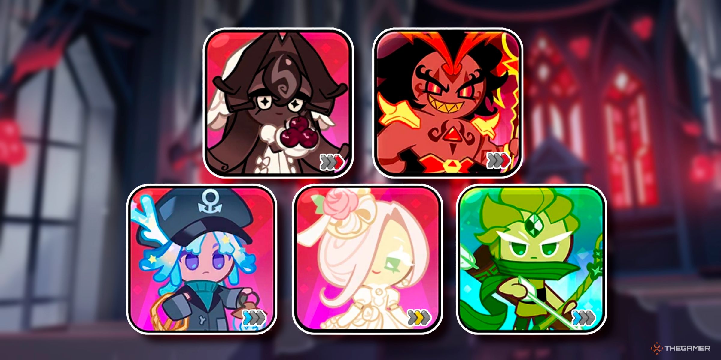 Black Forest Cookie, Burning Spice Cookie, Star Coral Cookie, Wedding Cake Cookie, And Wind Archer Cookie On Black Forest Cookie's Gacha Background From Cookie Run: Kingdom.