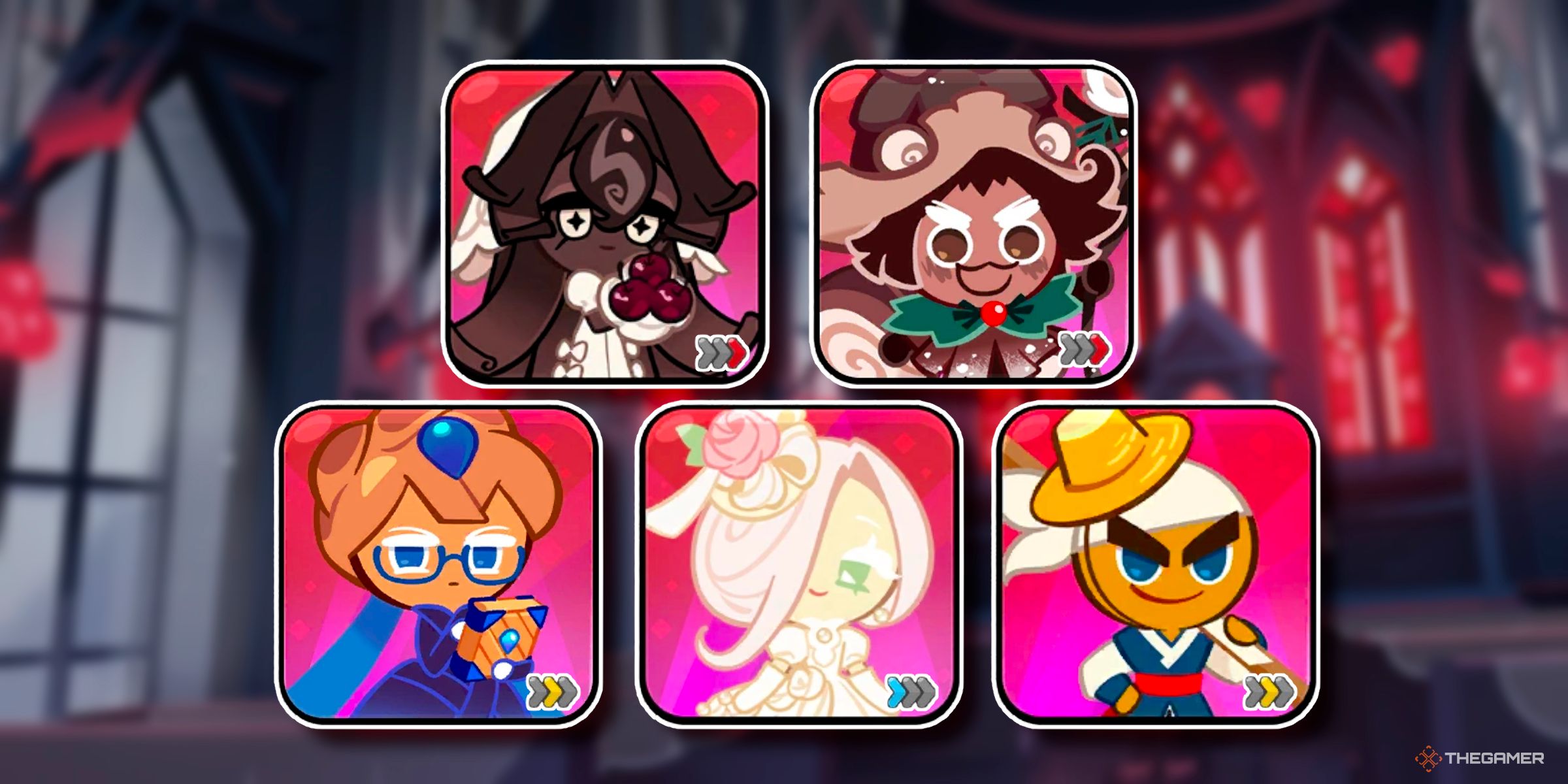 Black Forest Cookie, Pinecone Cookie, Blueberry Pie Cookie, Wedding Cake Cookie, And Rebel Cookie On Black Forest Cookie's Gacha Background From Cookie Run: Kingdom.