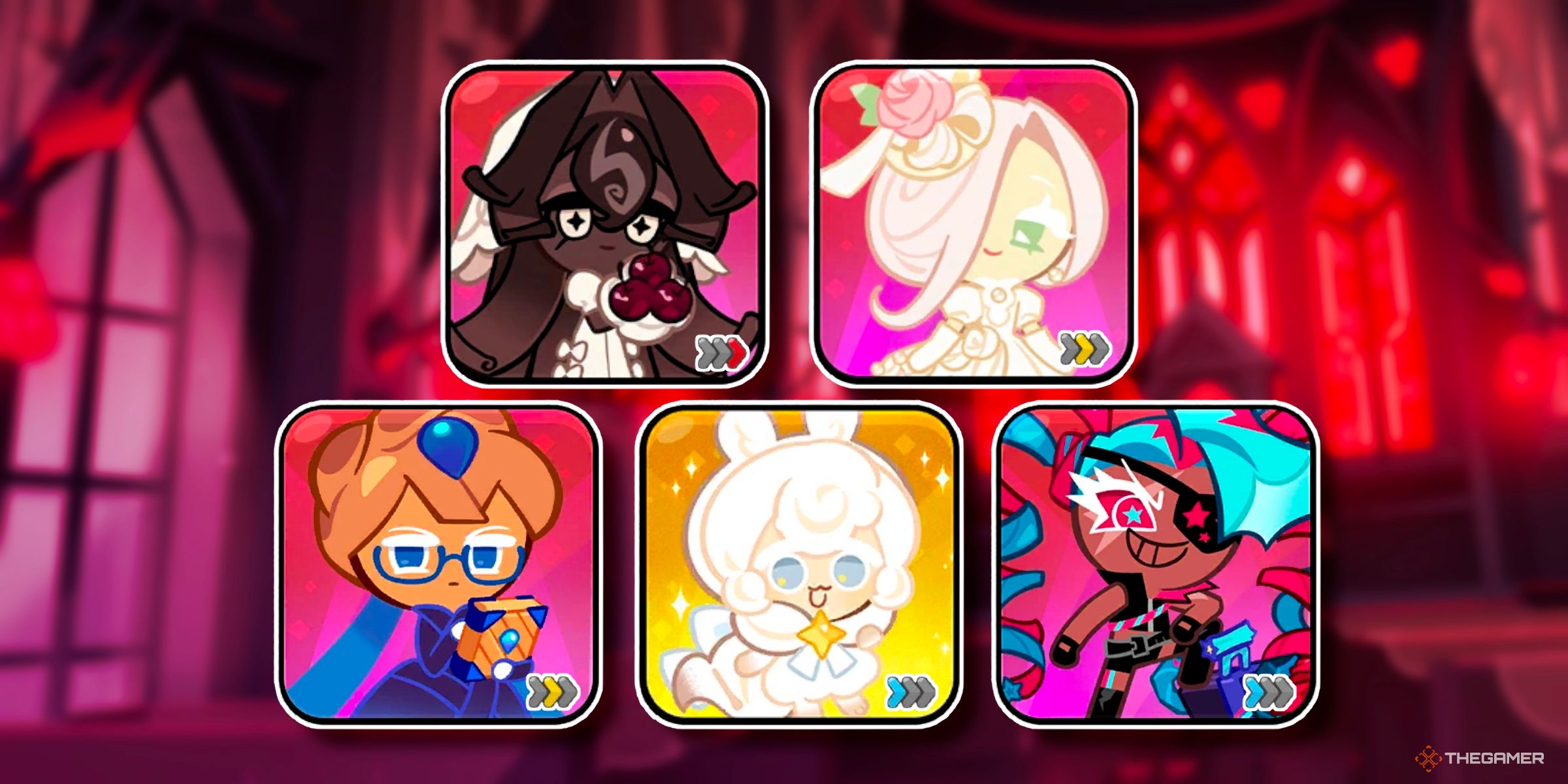 Black Forest Cookie, Wedding Cake Cookie, Blueberry Pie Cookie, Cream Ferret Cookie, And Twizzly Gummy Cookie On Black Forest Cookie's Gacha Background From Cookie Run: Kingdom.