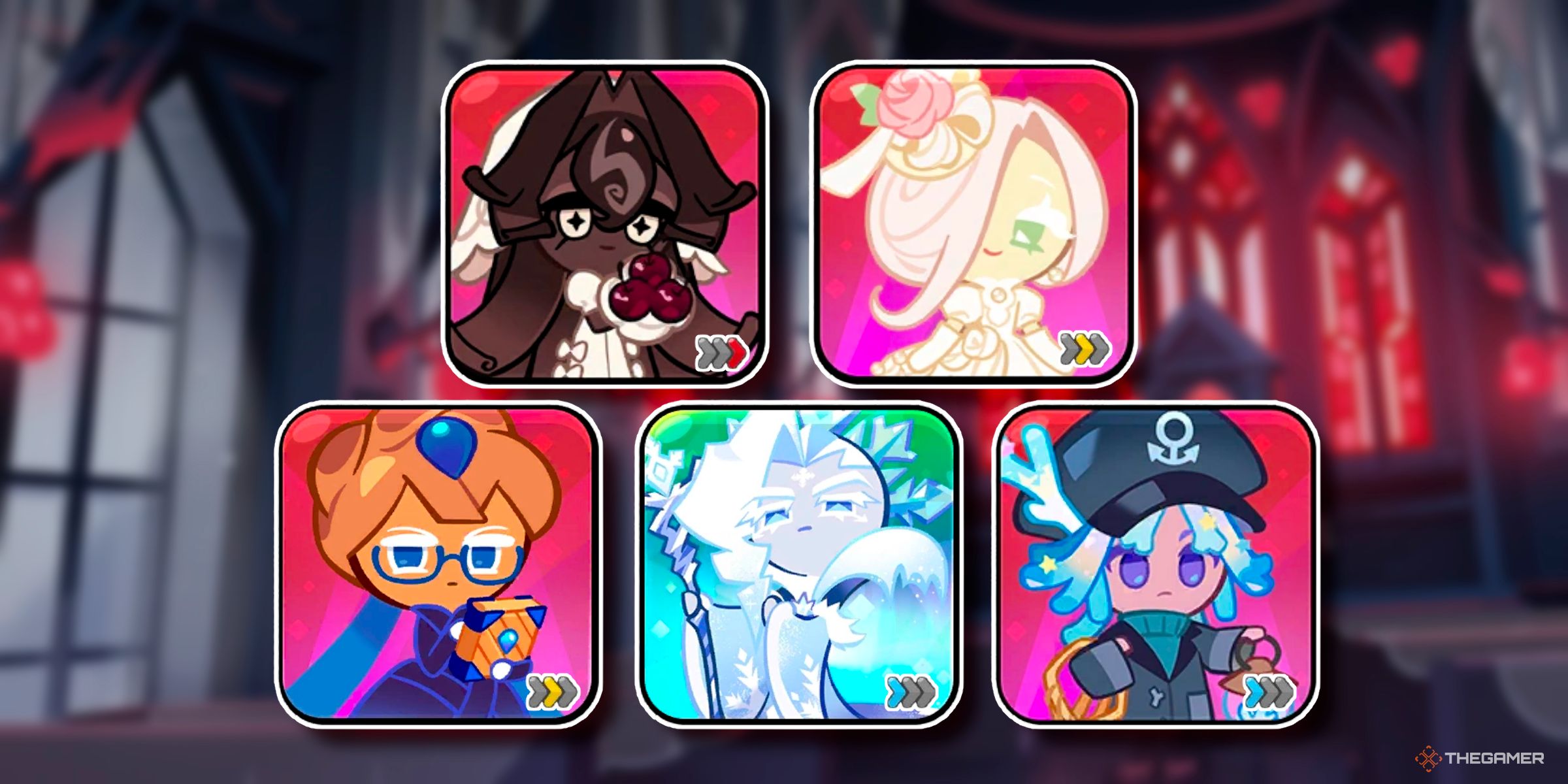 Black Forest Cookie, Wedding Cake Cookie, Blueberry Pie Cookie, Frost Queen Cookie, And Star Coral Cookie On Black Forest Cookie's Gacha Background From Cookie Run: Kingdom.
