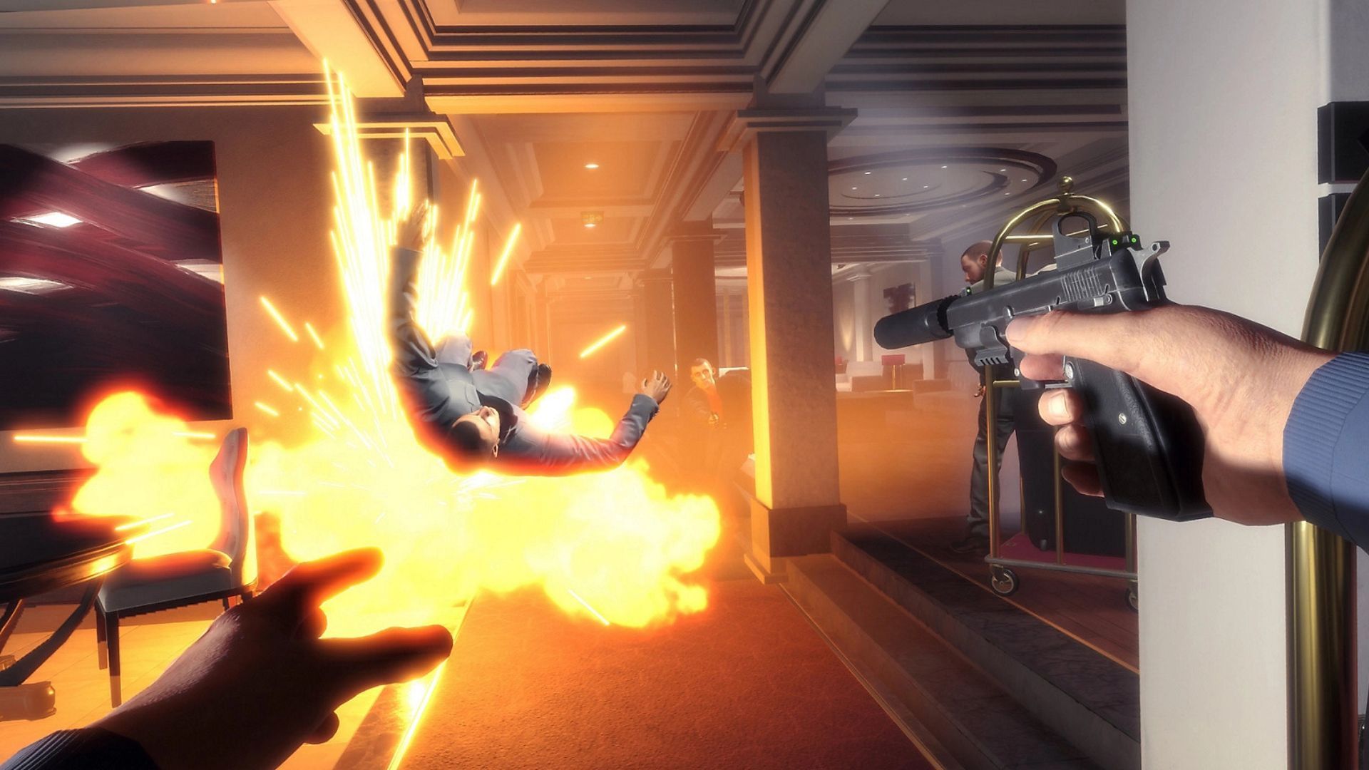 The player grips a pistol during a combat scene, with an explosion in the background in Blood & Truth.
