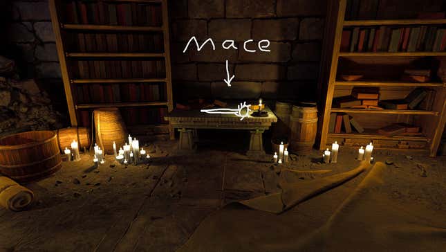 An image of a poorly-drawn mace lying on the table where you would normally find the Battletrance Mace in Avowed.