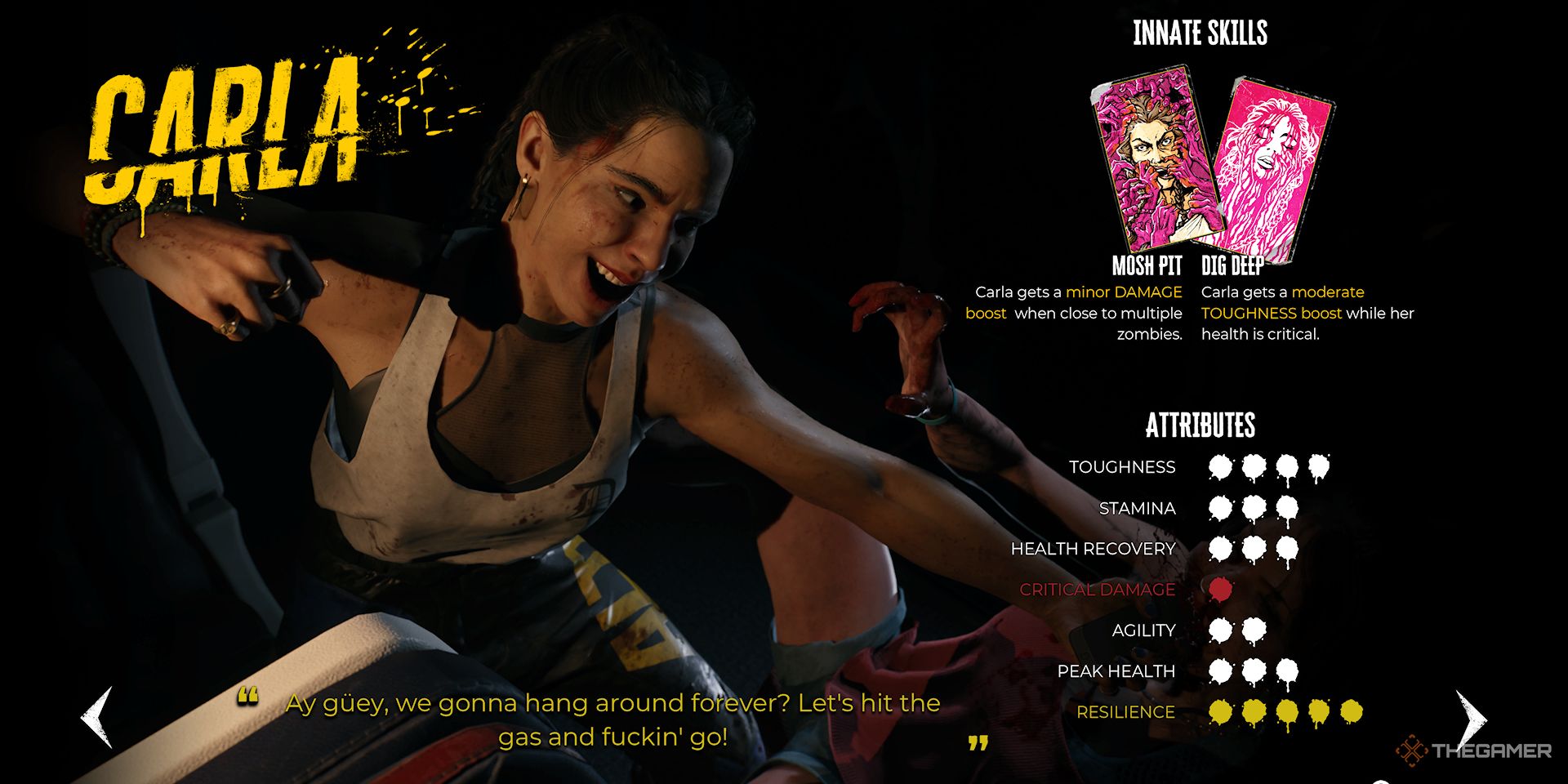 A screenshot of the character select screen showing Carla's stats in Dead Island 2.