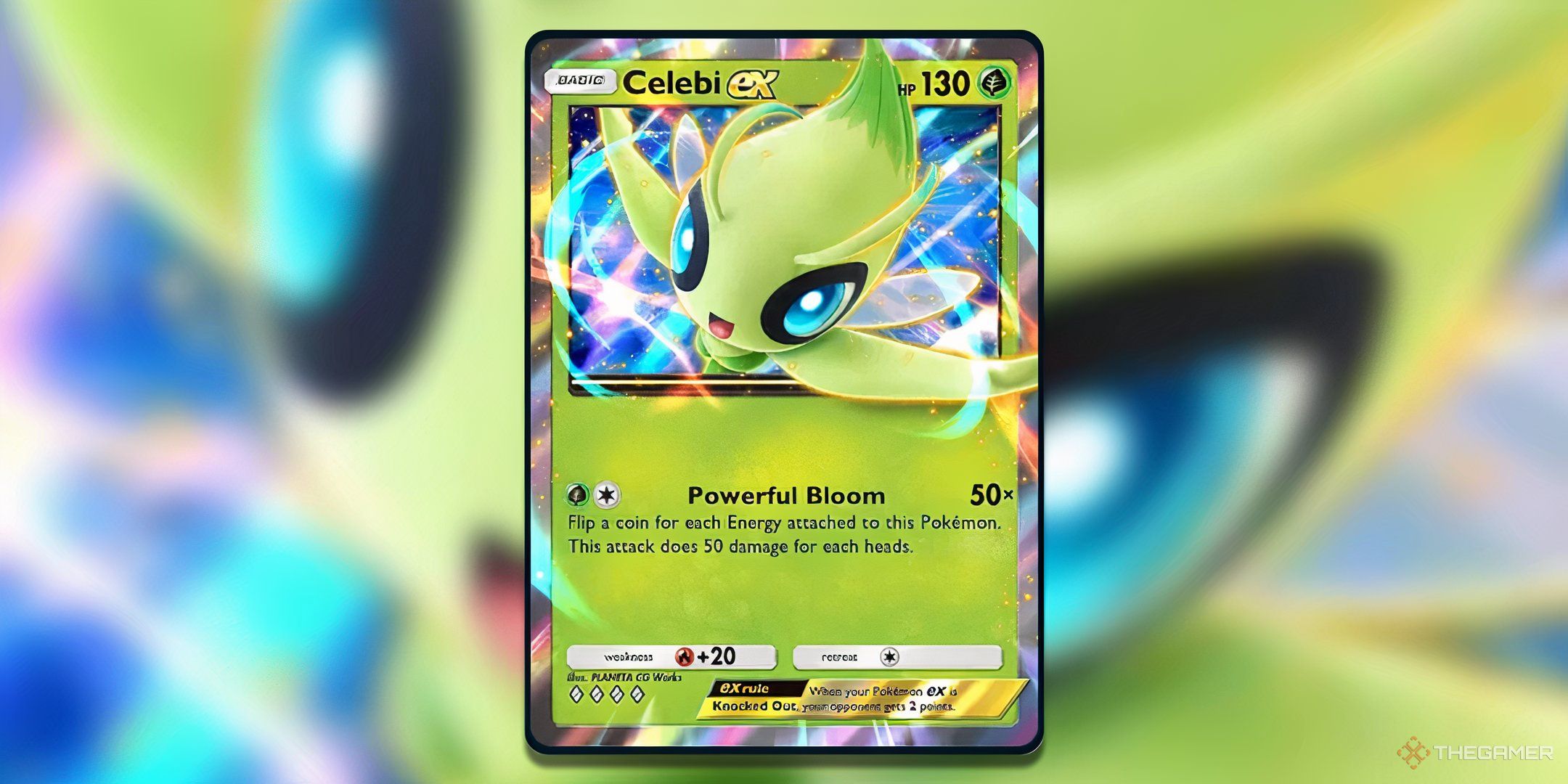 Celebi ex against a Gaussian Blur in Pokemon TCG Pocket