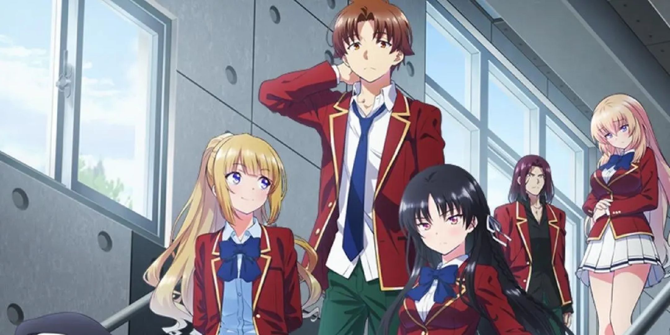 Characters from classroom of the elite walking down stairs.