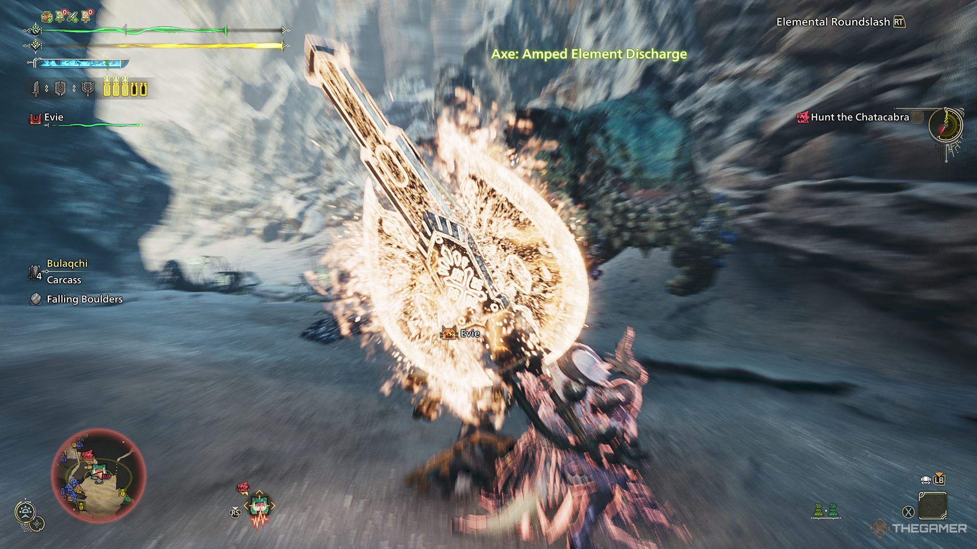 The hunter preparing to unleash an Amped Elemental Discharge against a Chatacabra in Monster Hunter Wilds.
