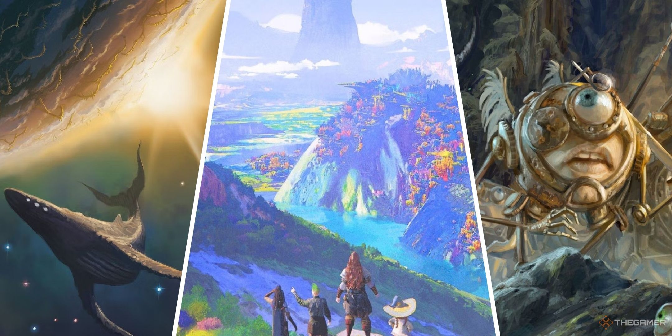 Dungeons & Dragons image showing the astral sea with a whale in it, 4 adventurers in outlands looking at the spire, and a modron looking scared.