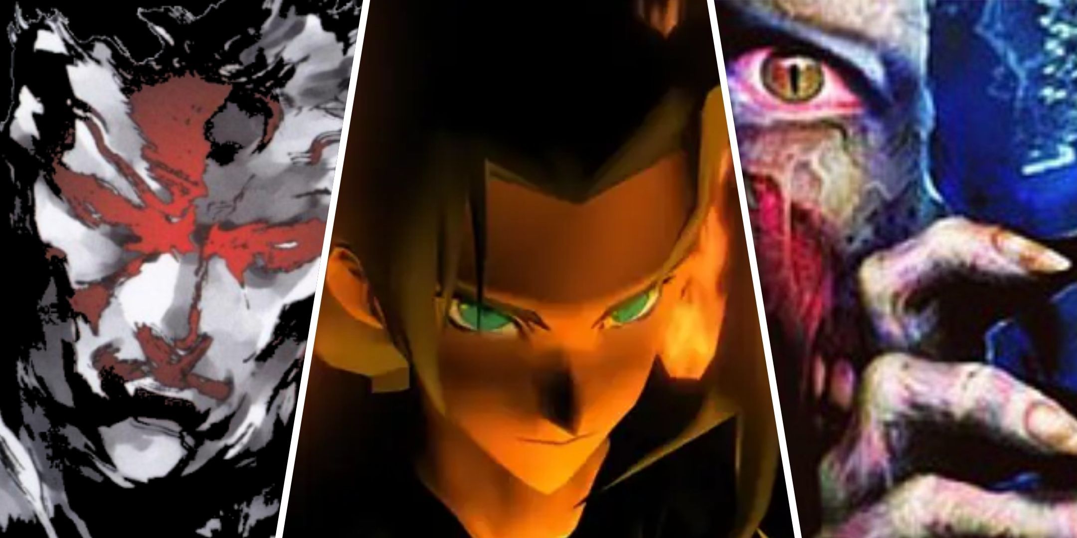 Split image of official art from Metal Gear Solid, Final Fantasy 7 and Resident Evil 2.