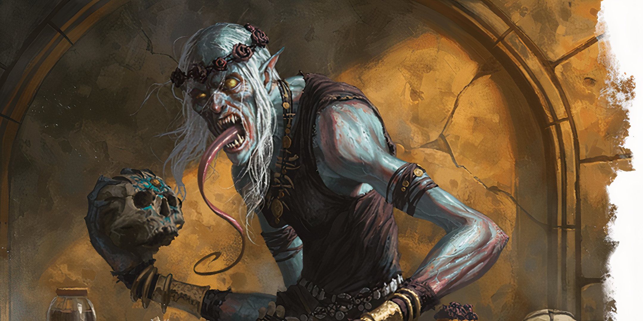 A Ghast Gravecaller holding a skull in Dungeons & Dragons.