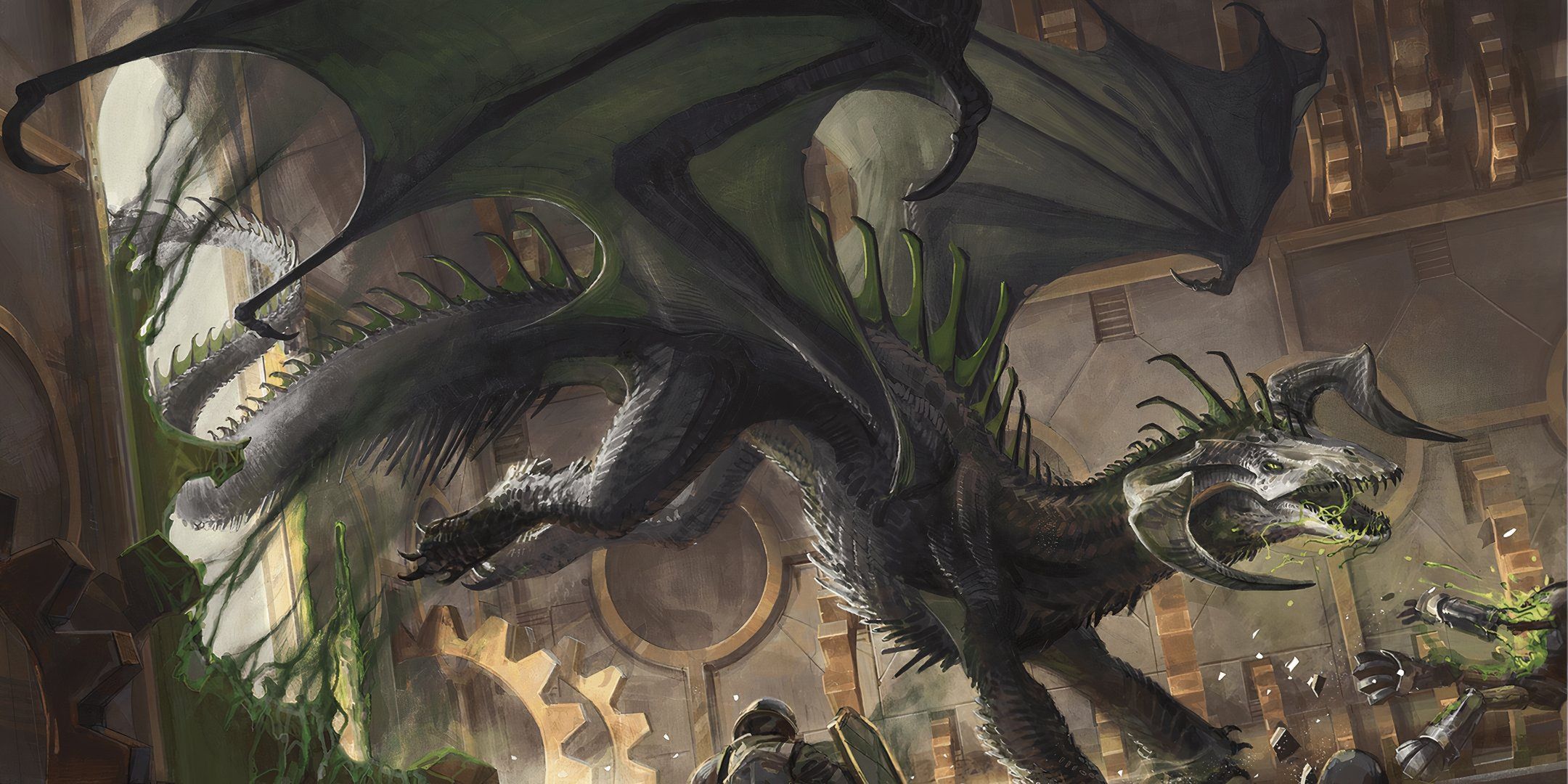 An Adult Black Dragon breaks into a clockwork fortress in Dungeons & Dragons.