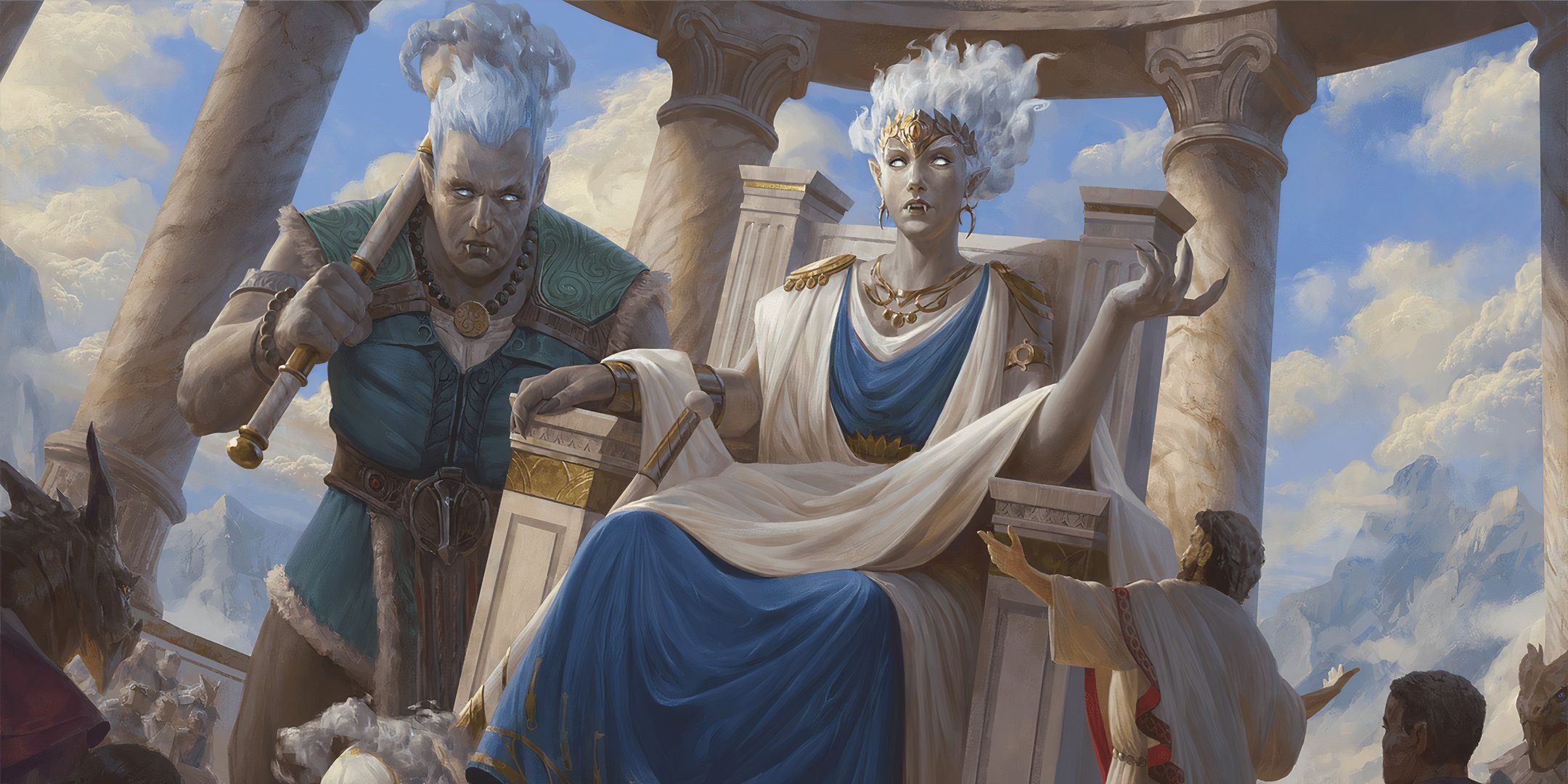 A cloud giant sits atop her throne in Dungeons & Dragons.